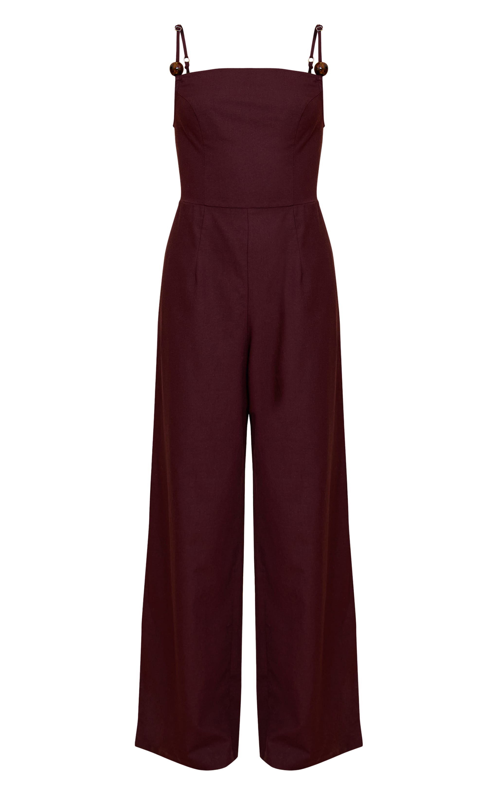 Chocolate Linen Blend Straight Neck Bead Detail Jumpsuit image 5
