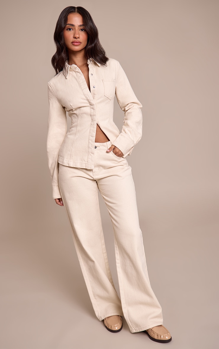 Petite Ecru Pocket Detail Cinched Waist Denim Shirt image 3