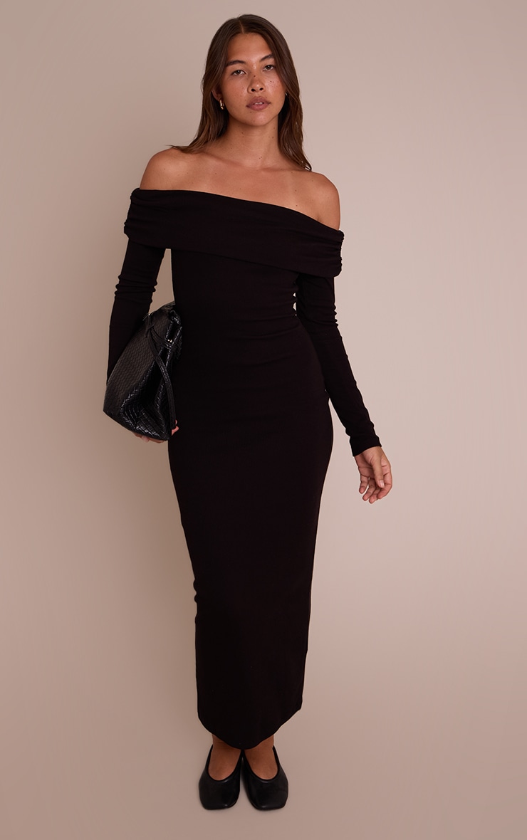 Black Rib Fold Over Bardot Long Sleeve Maxi Dress Dresses PLT KSA