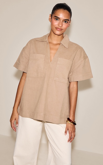 Stone Boxy Pocket Detail Short Sleeve Denim Rugby Shirt