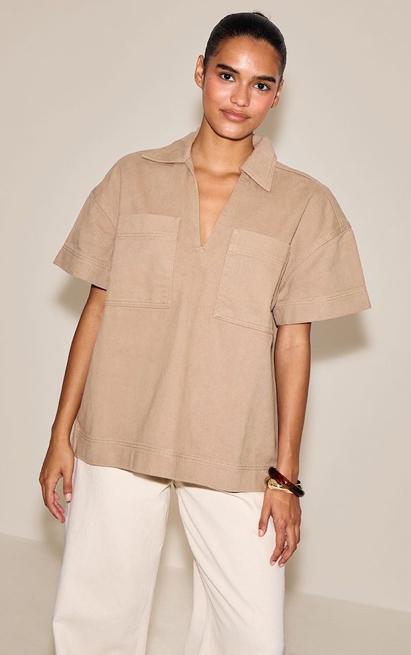 Stone Boxy Pocket Detail Short Sleeve Denim Rugby Shirt
