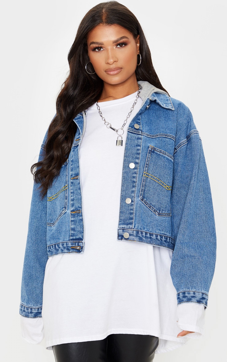 Mid Wash Hooded Oversized Denim Jacket