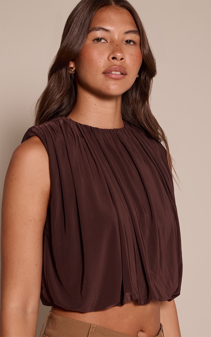 Chocolate Slinky Bubble Hem Shoulder Detail Top image 4