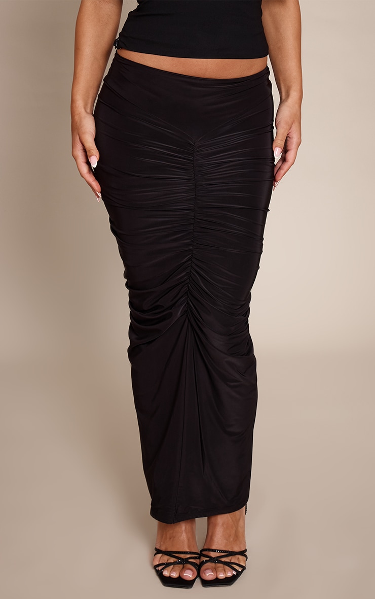 Black Double Layer Slinky Ruched Detail Maxi Skirt  image 2