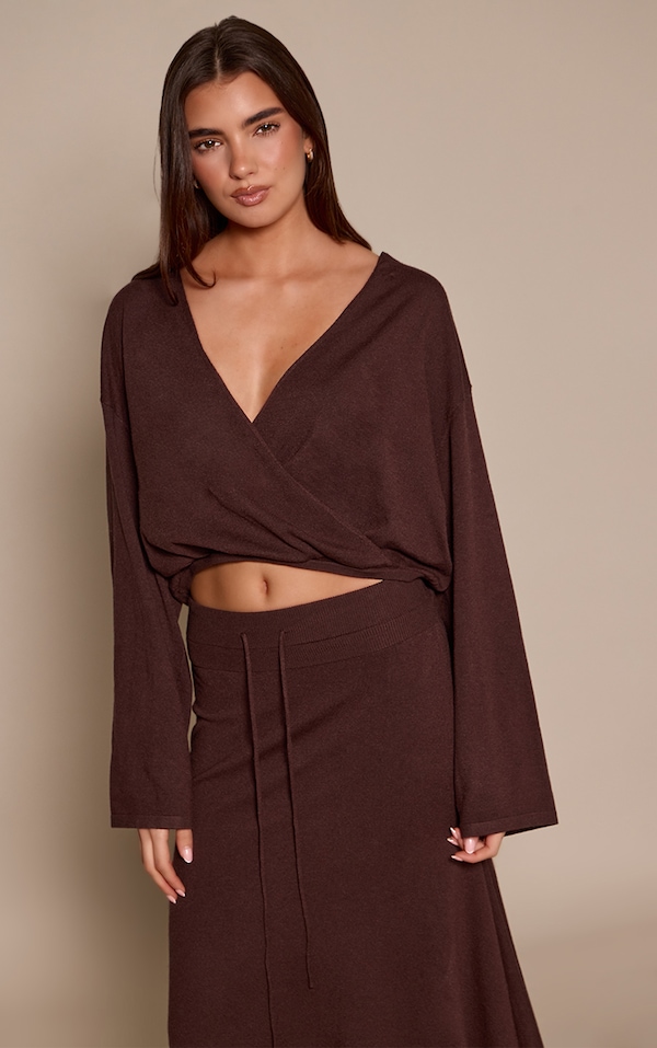 Chocolate Floaty Wrap Sheer Knit Cardigan 