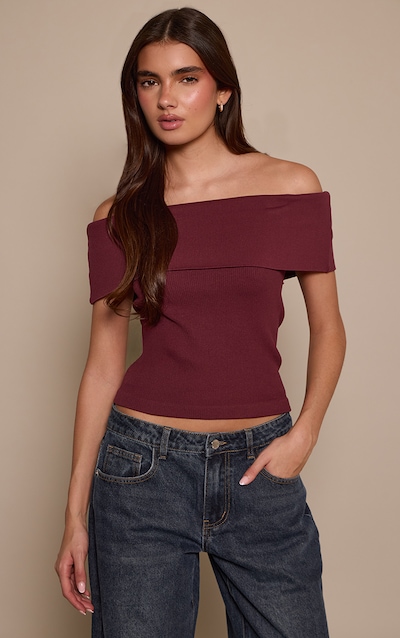 Wine Snatched Rib Fold Over Bardot Detail Long Top