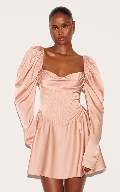 Dusty Peach Satin Corset Detail Puffball Skater Dress