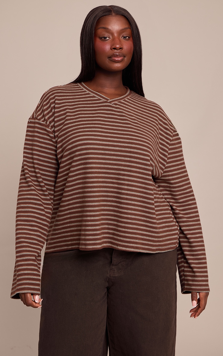 Plus Chocolate Striped Soft Fleece V Neck Sweatshirt image 1