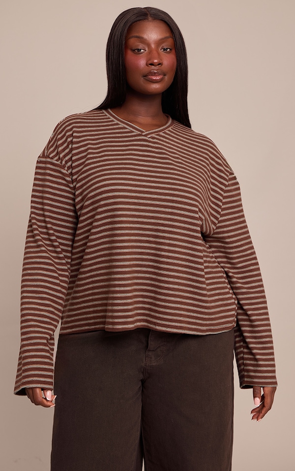 Plus Chocolate Striped Soft Fleece V Neck Sweatshirt