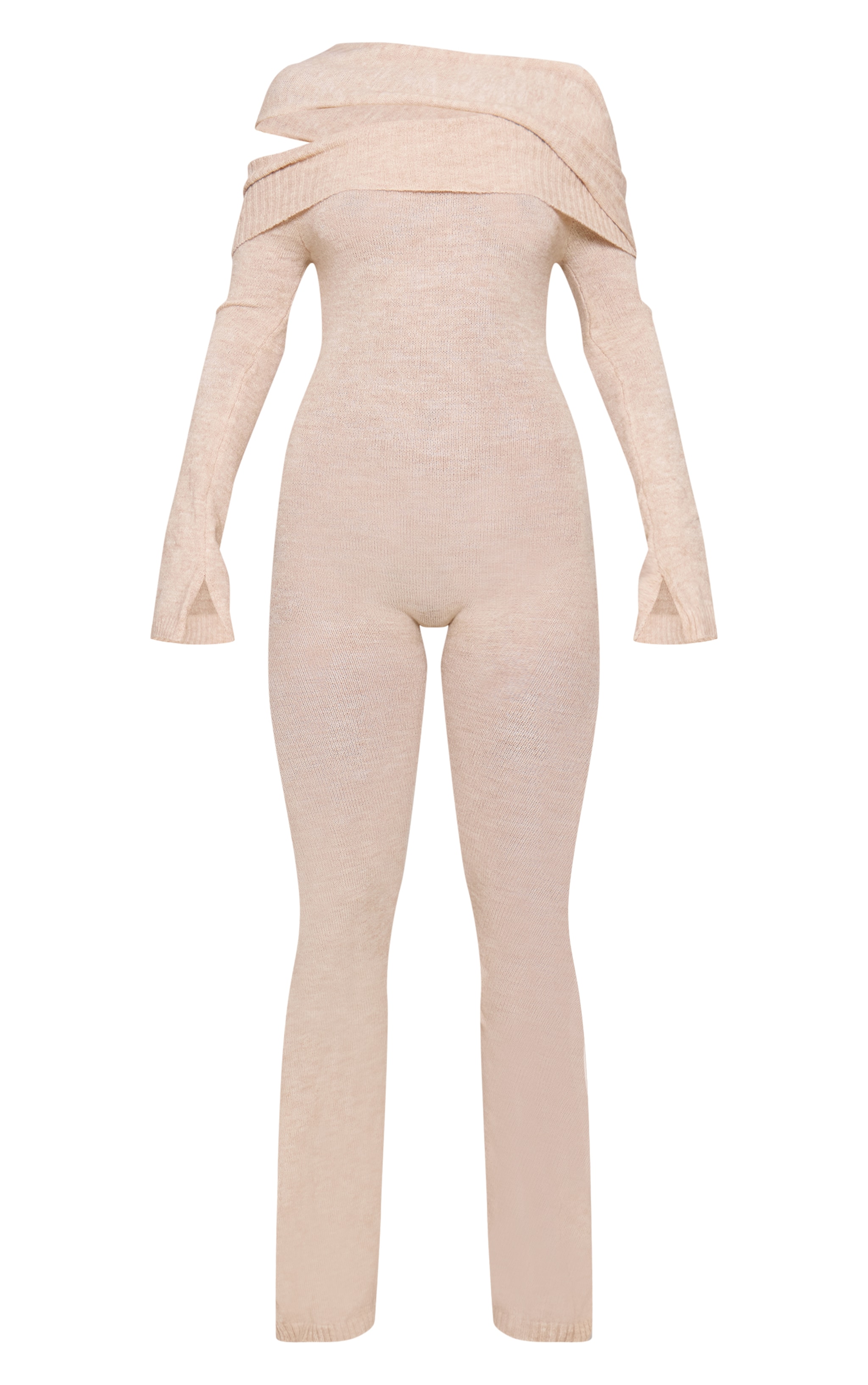 Oatmeal Soft Knit Bardot Foldover Asymmetric Neck Jumpsuit image 5