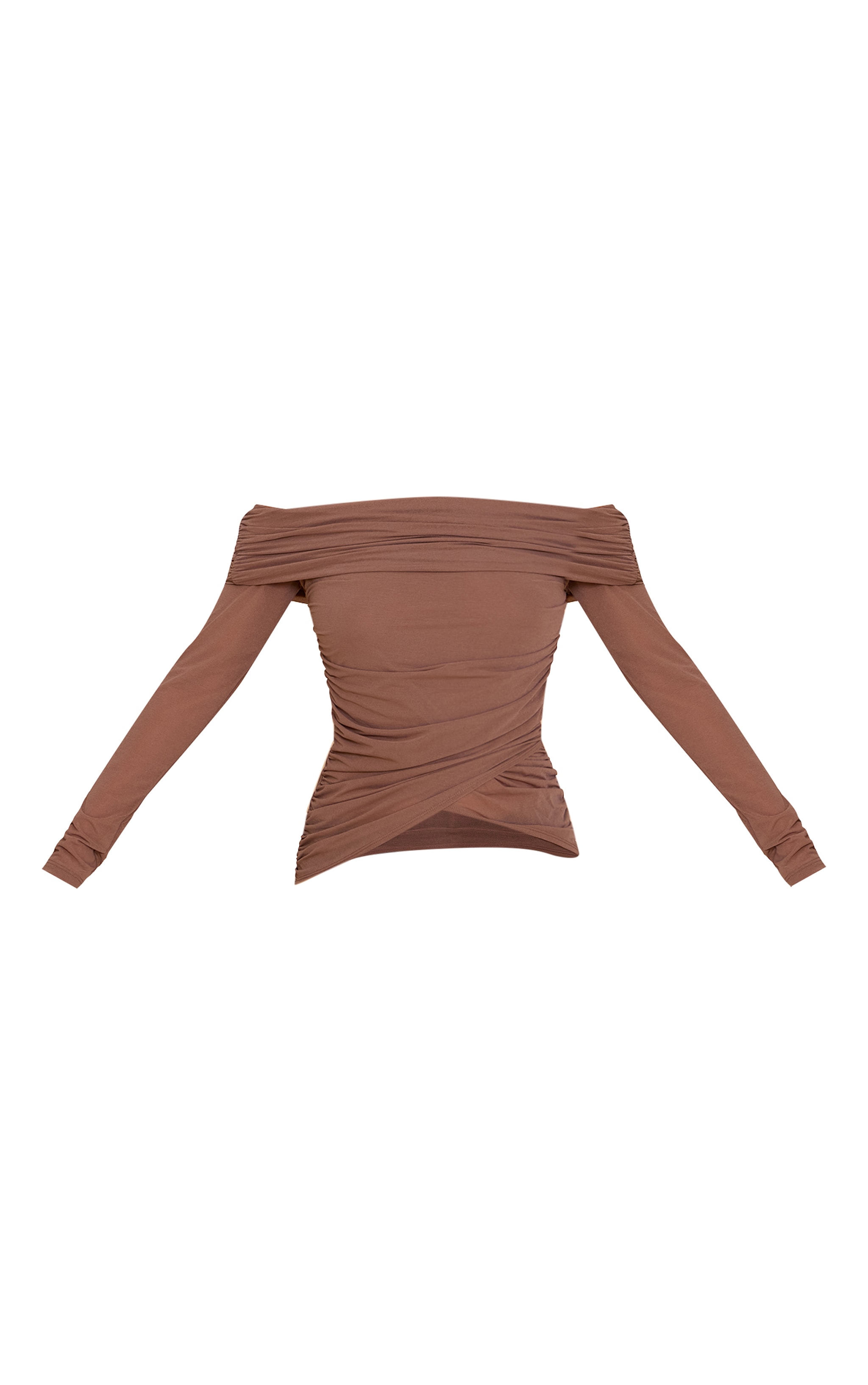 Mushroom Stretch Chiffon Ruching Bardot Detail Long Sleeve Top image 5