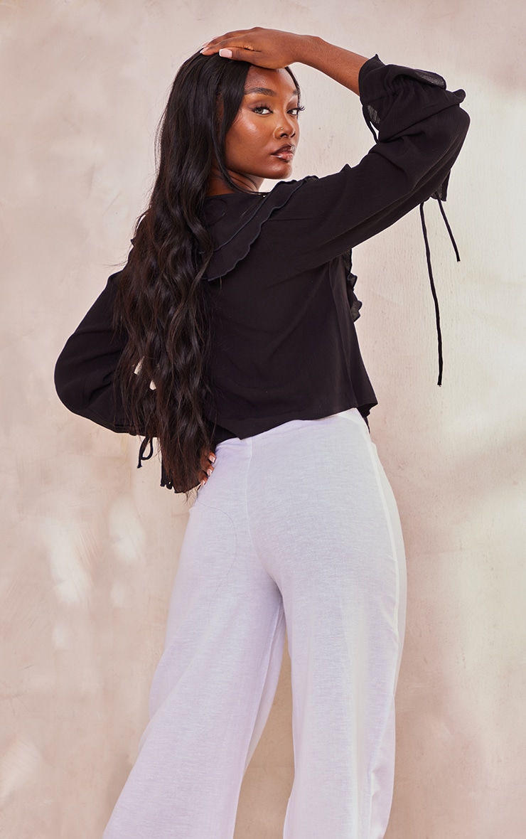 Tall Black Cheesecloth Ruffle Tie Front Blouse PrettyLittleThing