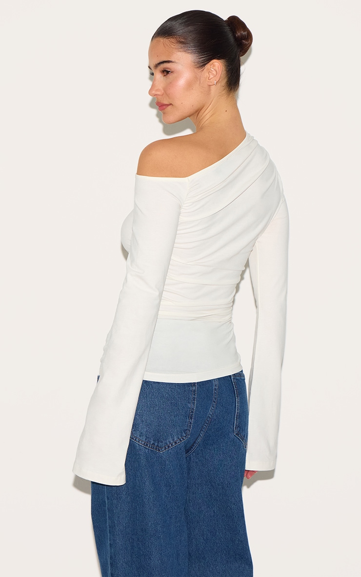 Cream Asymmetric Ruched Flared Sleeve Long Top image 2