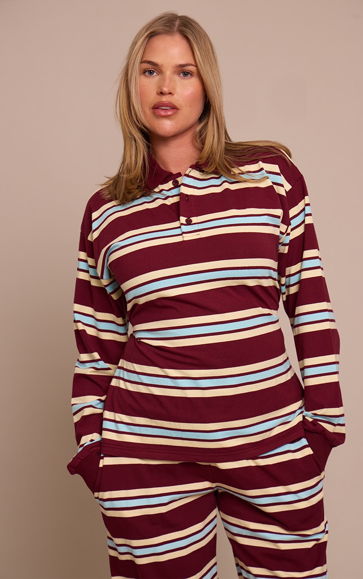 Shape Burgundy Striped Cinched Waist Polo Top