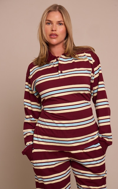 Shape Burgundy Striped Cinched Waist Polo Top