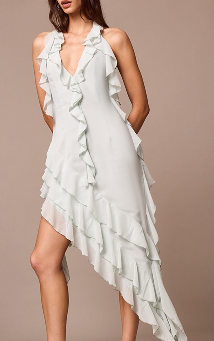 Robe longue en mousseline de soie sauge volantée à décolleté plongeant image 4