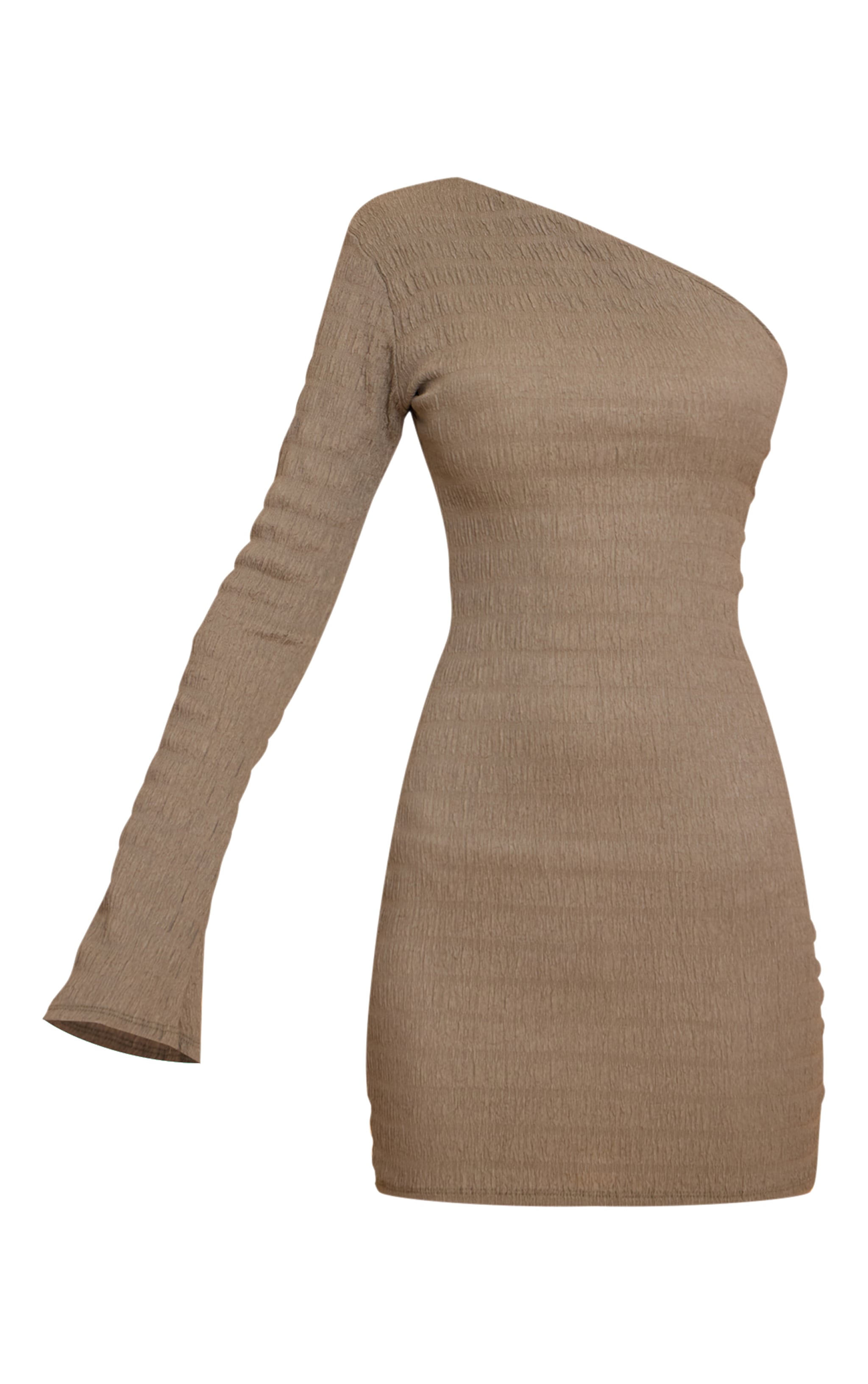  Khaki Textured One Shoulder Long Sleeve Bodycon Dress image 5
