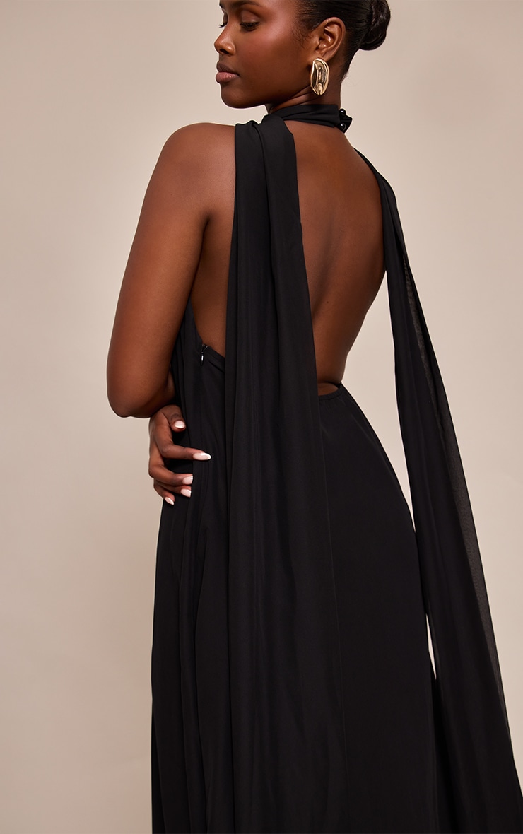 Black Chiffon High Neck Scarf Detail Maxi Dress image 4