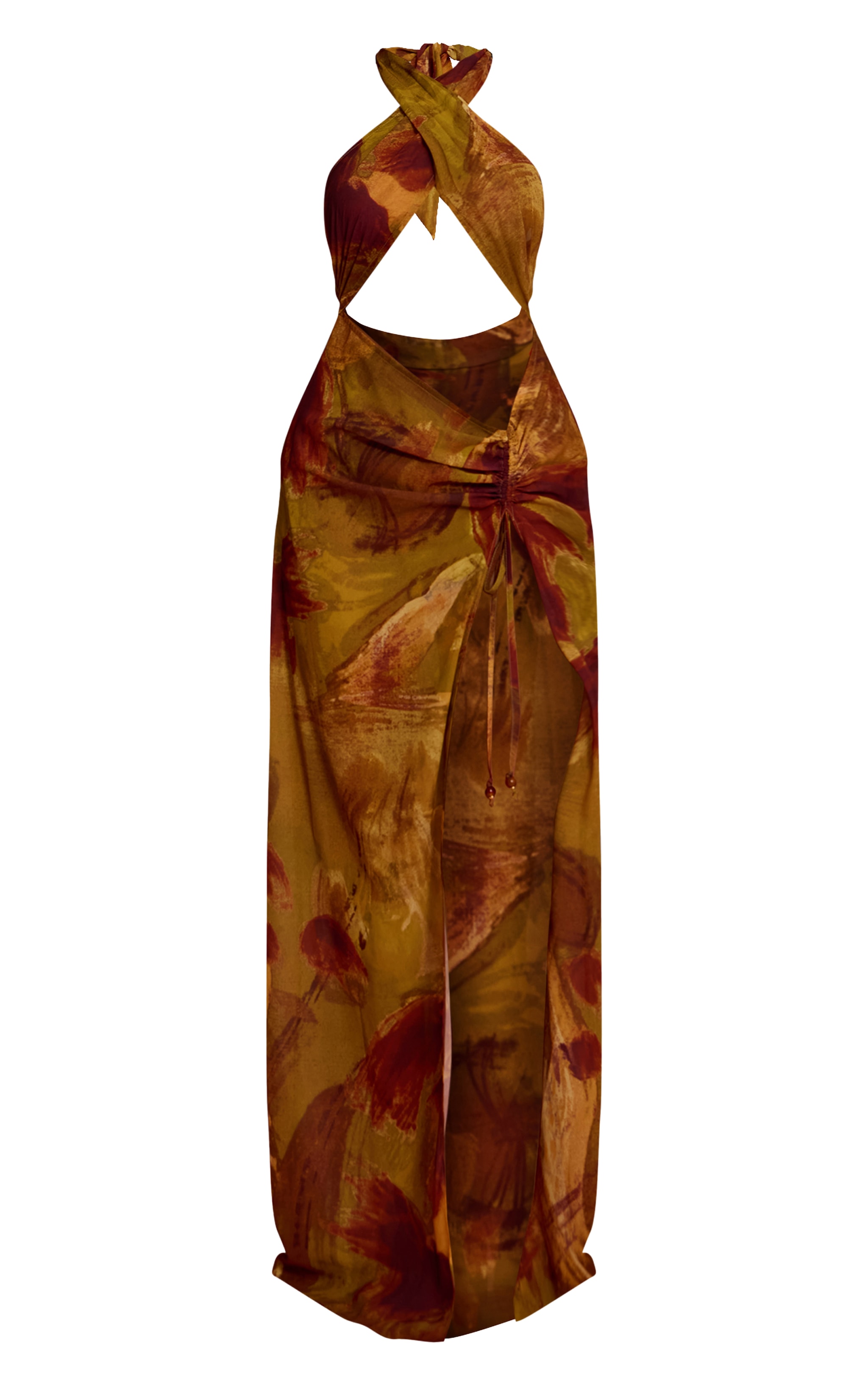 Green Abstract Print Halter Neck Chiffon Maxi Beach Dress image 5