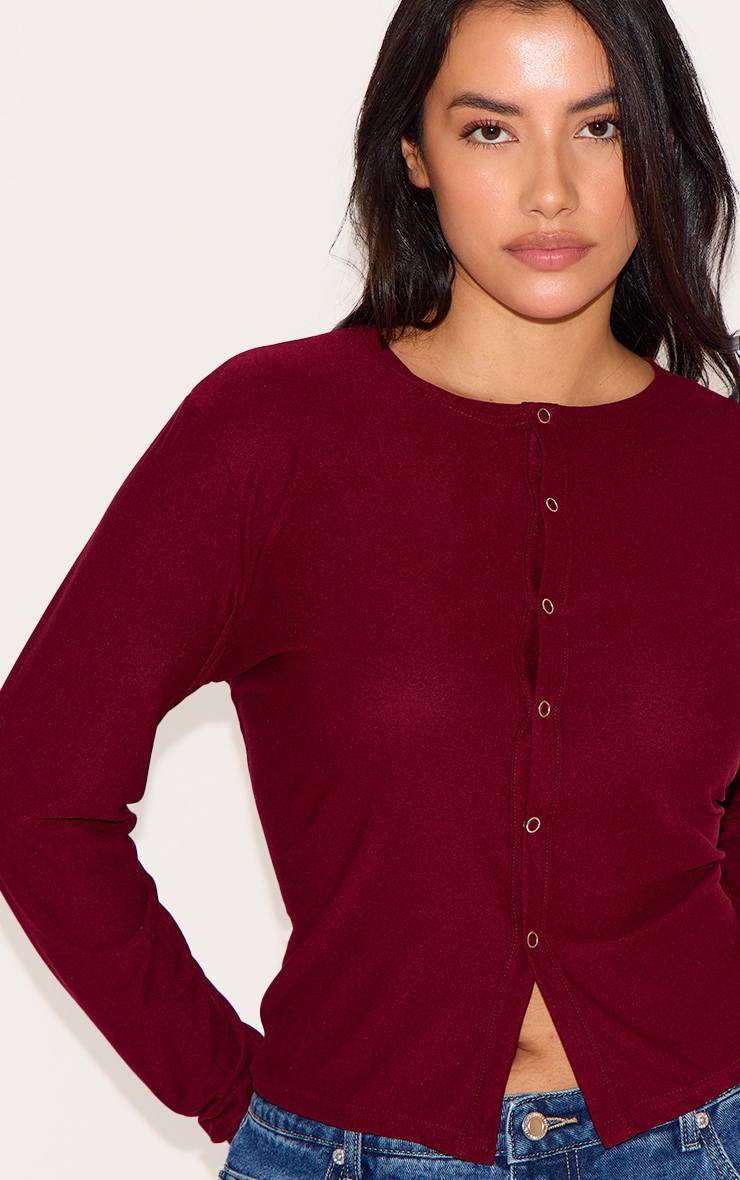 Plus Burgundy Soft Touch Popper Fitted Long Sleeve Long Top image 4