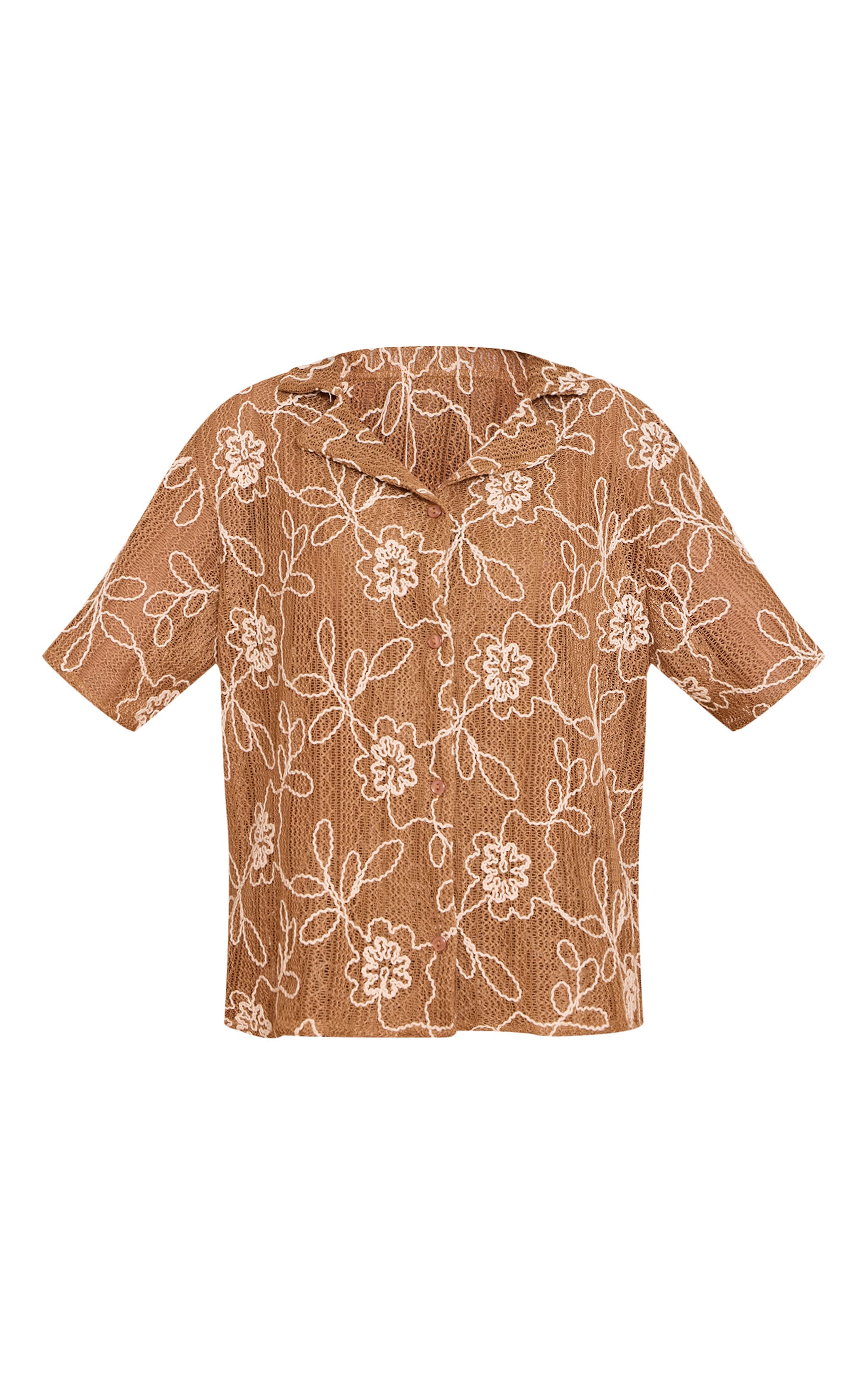 Tan Embroidered Floral Short Sleeve Shirt image 5