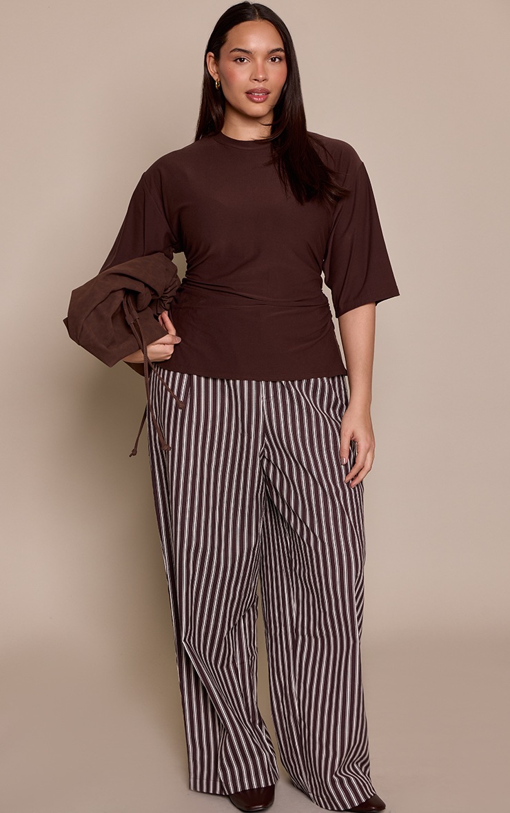 Plus Brown Stripe Linen Tailored Straight Leg Pants