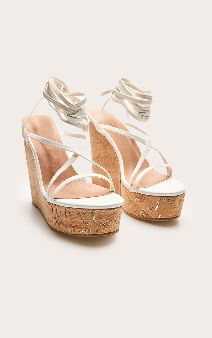 White Pu Strappy Lace Up High Heel Cork Wedges image 3