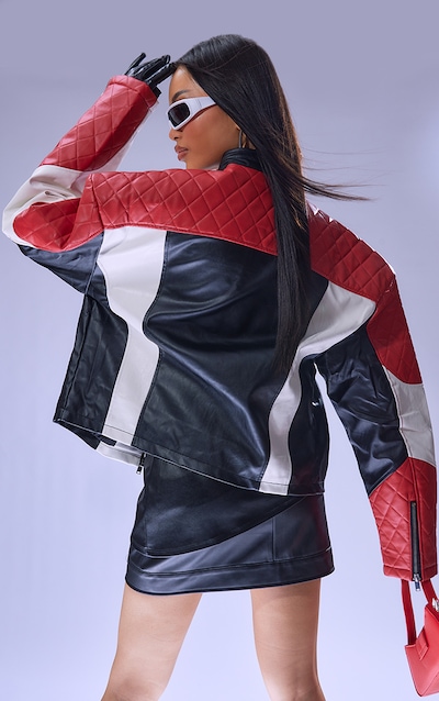 Red And White Quilted Detail Biker Jacket