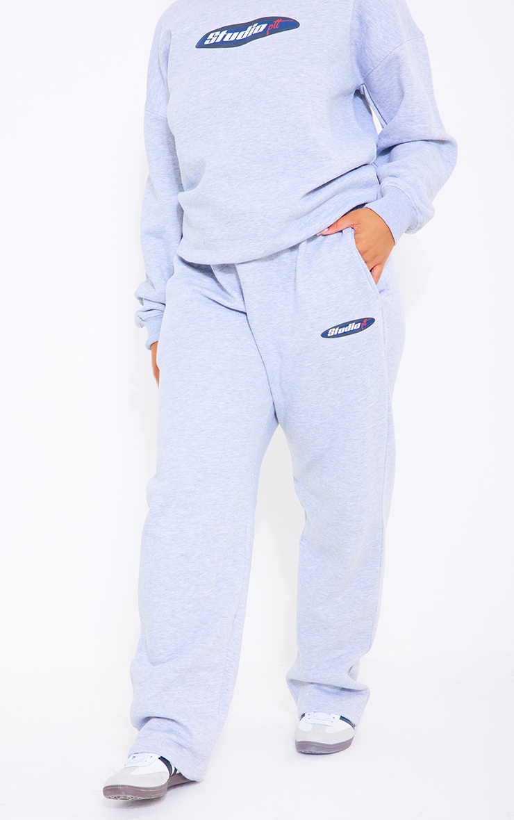 PRETTYLITTLETHING Plus Grey Marl Embroidered Studio Joggers image 2