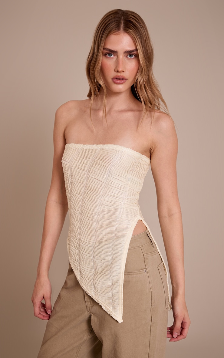 Cream Textured Asymmetric Hem Bandeau Top