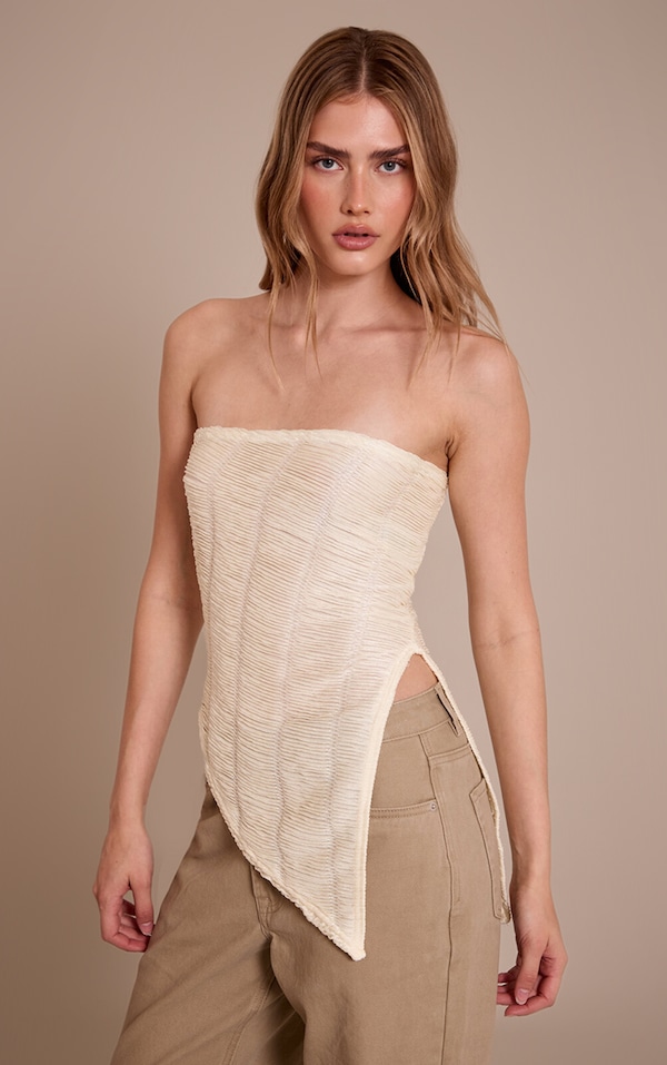 Cream Textured Asymmetric Hem Bandeau Top 