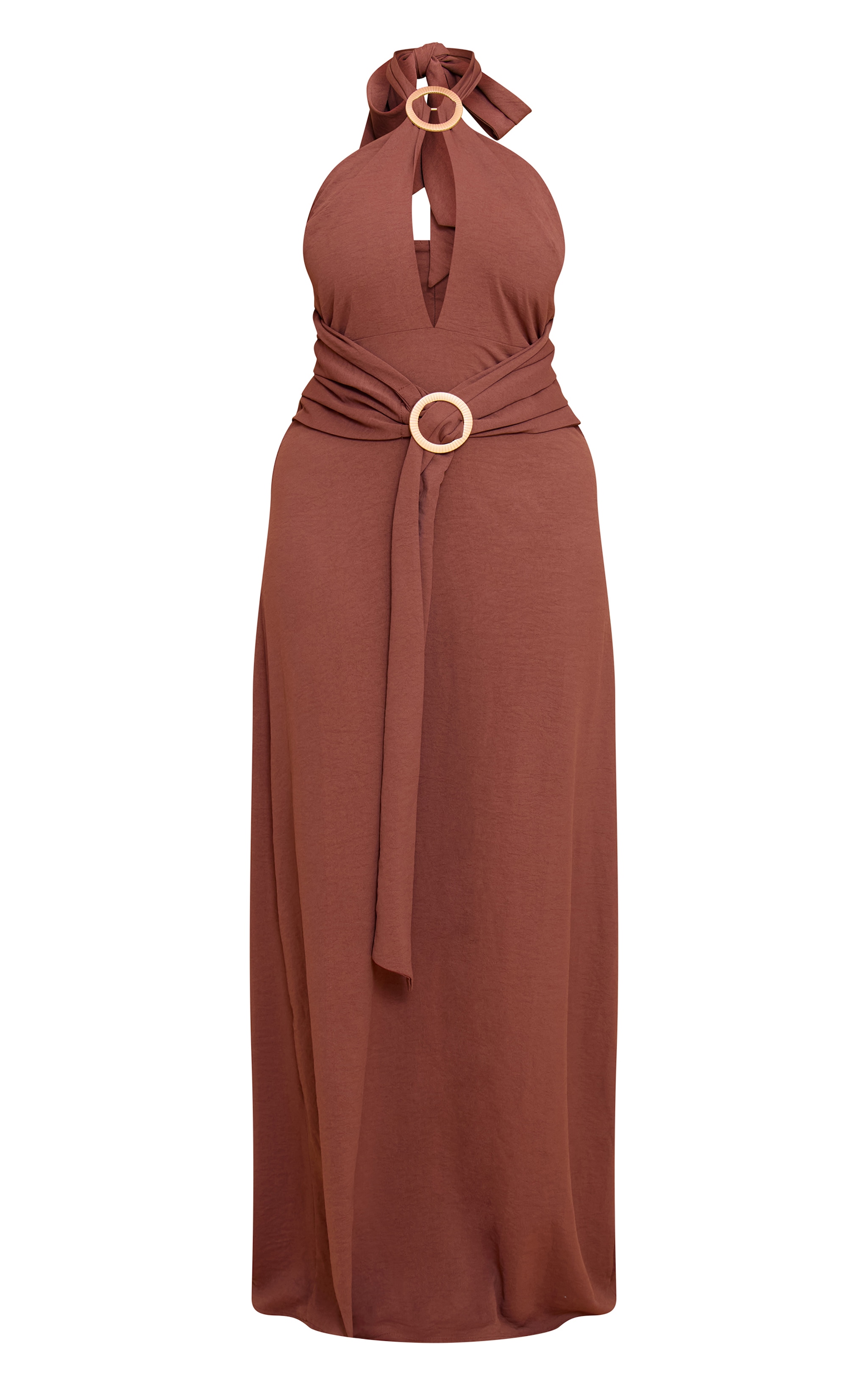 Shape Chocolate Hammered Satin Ring Detail Halter Maxi Dress image 5
