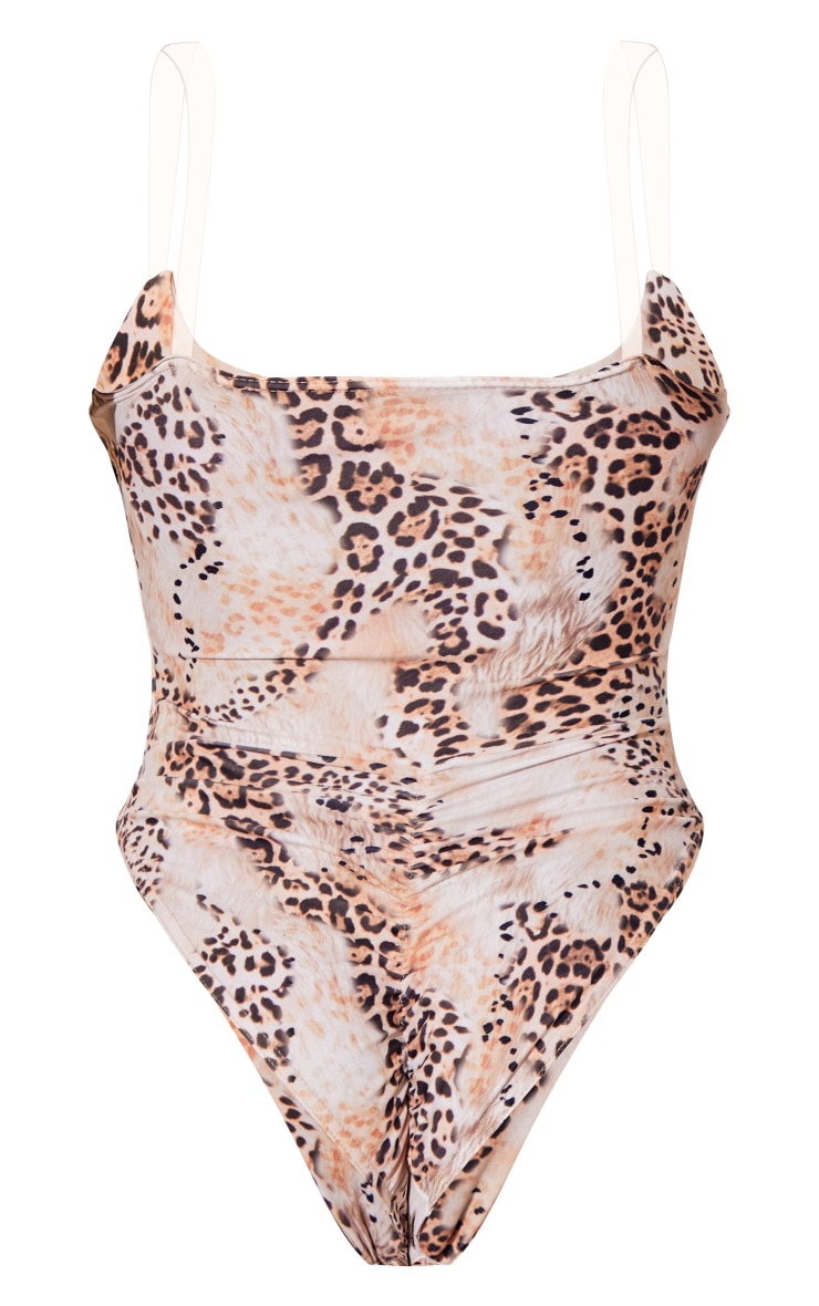Cream Abstract Leopard Print Clear Strap Scoop Swimsuit image 6