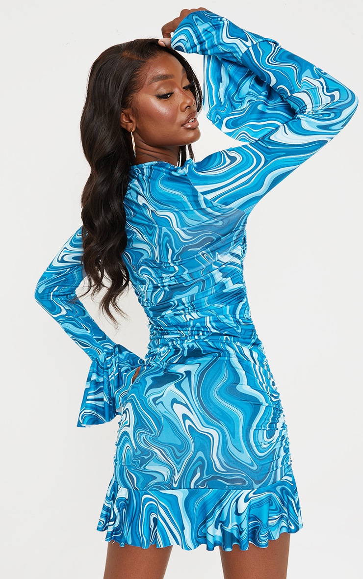 Tall Blue Marble Print Slinky Ruched Front Flare Sleeve Bodycon image 2