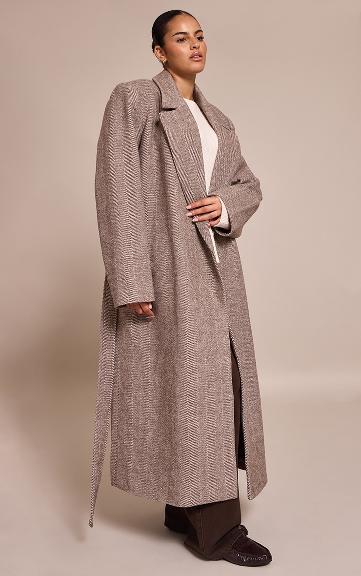 Plus Brown Herringbone Tie Waist Maxi Coat image 3