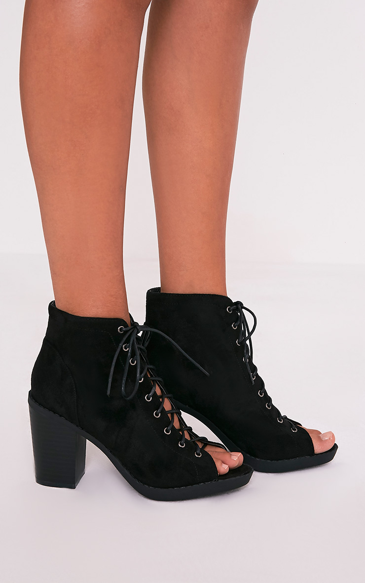 Valento Black Faux Suede Lace Up Peep Toe Ankle Boots