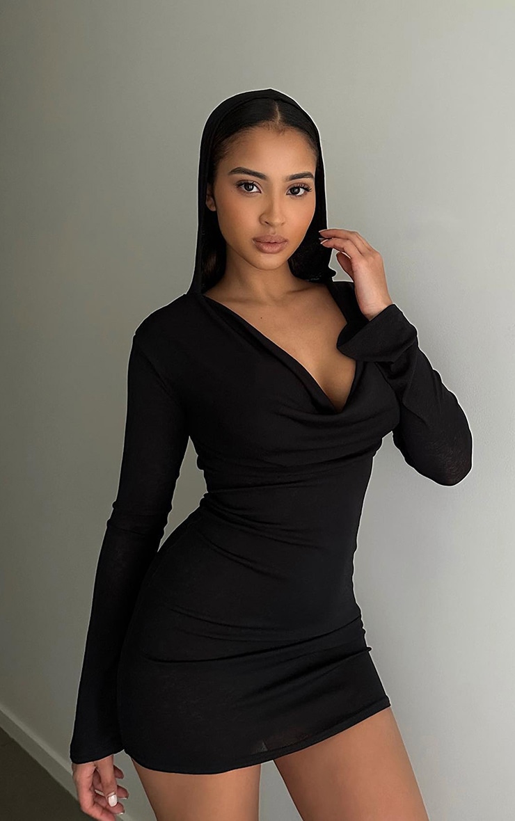 Black Burnout Mesh Cowl Neck Hooded Bodycon Dress image 1