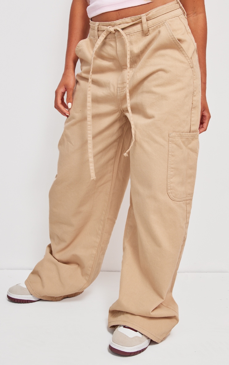 Taupe Tie Waistband Detail Wide Leg Jeans image 2