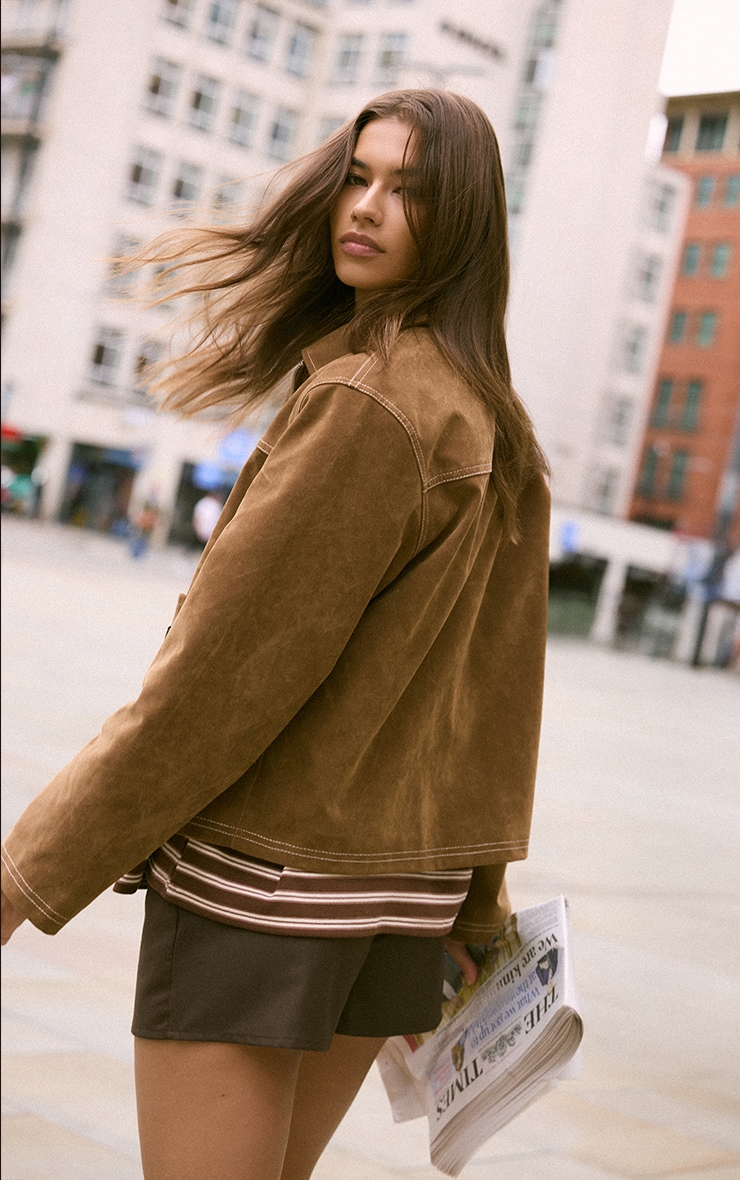 Tan Pocket Detail Faux Suede Jacket image 2