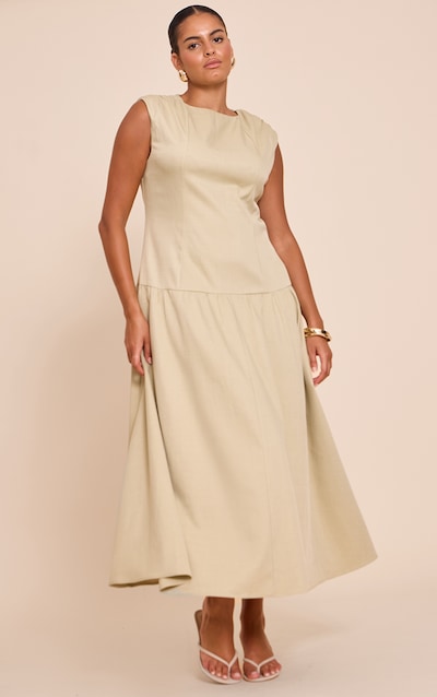 Plus Sage Woven Boat Neck Dropped Waist Maxi Dress