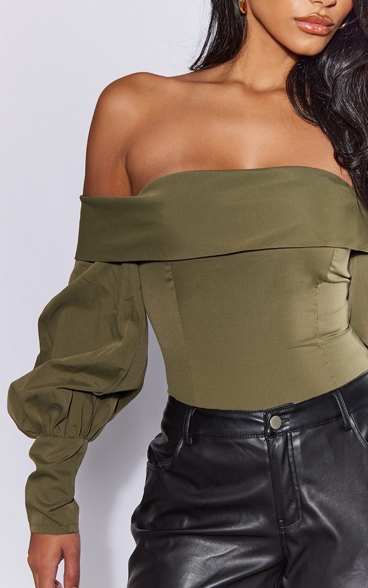 Khaki Woven Bardot Frill Bodysuit image 4