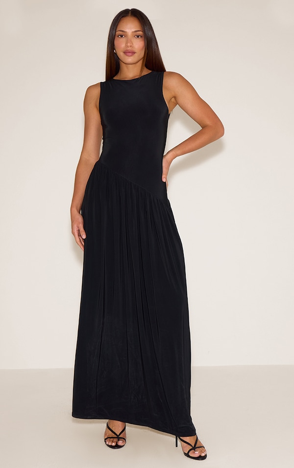 Tall Black Double Layer Soft Touch Asymmetric Dropped Waist Maxi Dress
