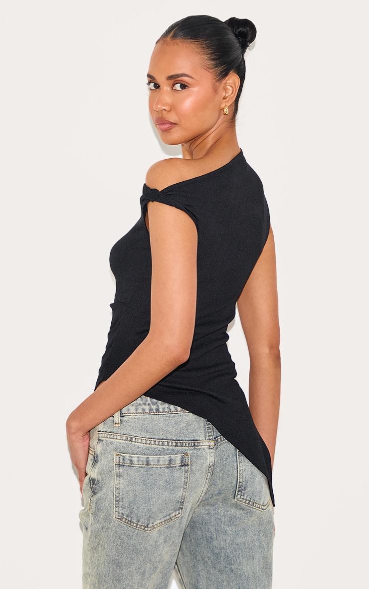 Black Textured Rib Twist Detail Asymmetric Longline Top image 2