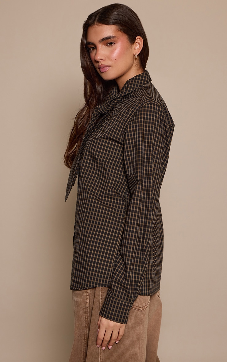 Brown Check Cotton Tie Neck Detail Oversized Shirt  image 2