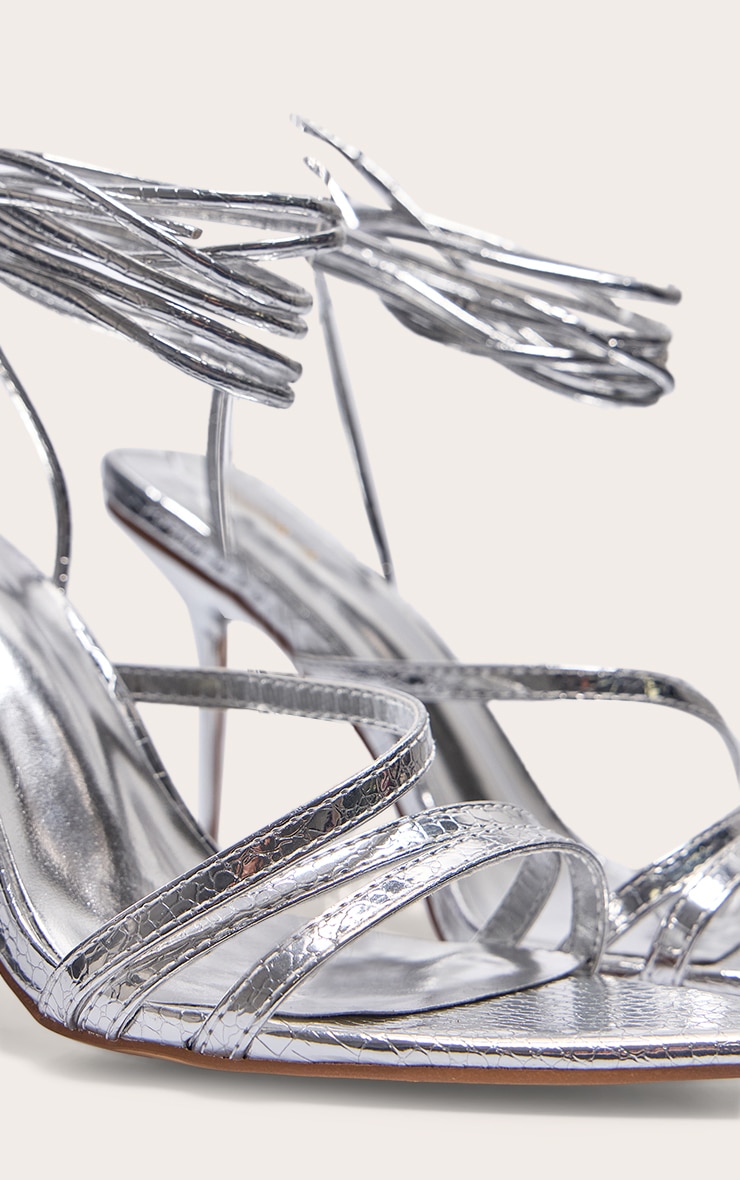 Silver Croc PU Point Toe Lace Up Heeled Sandals image 4