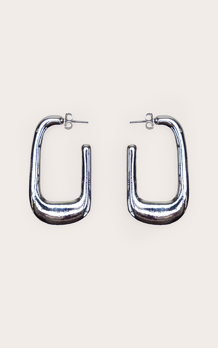 Silver Smooth Chunky Rectangular Hoop Earrings image 2
