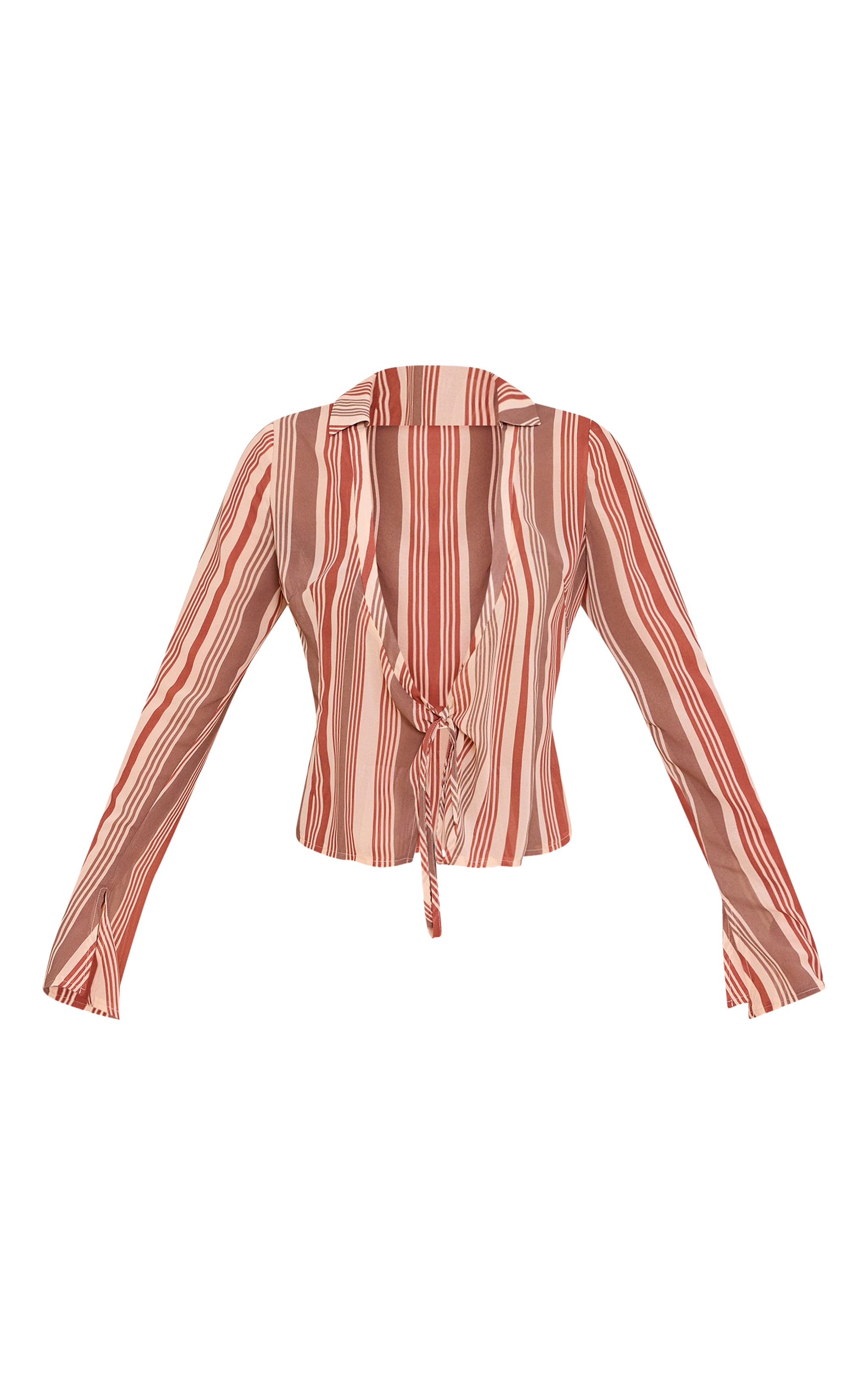 Beige Chiffon Striped Long Sleeve Tie Front Shirt image 5