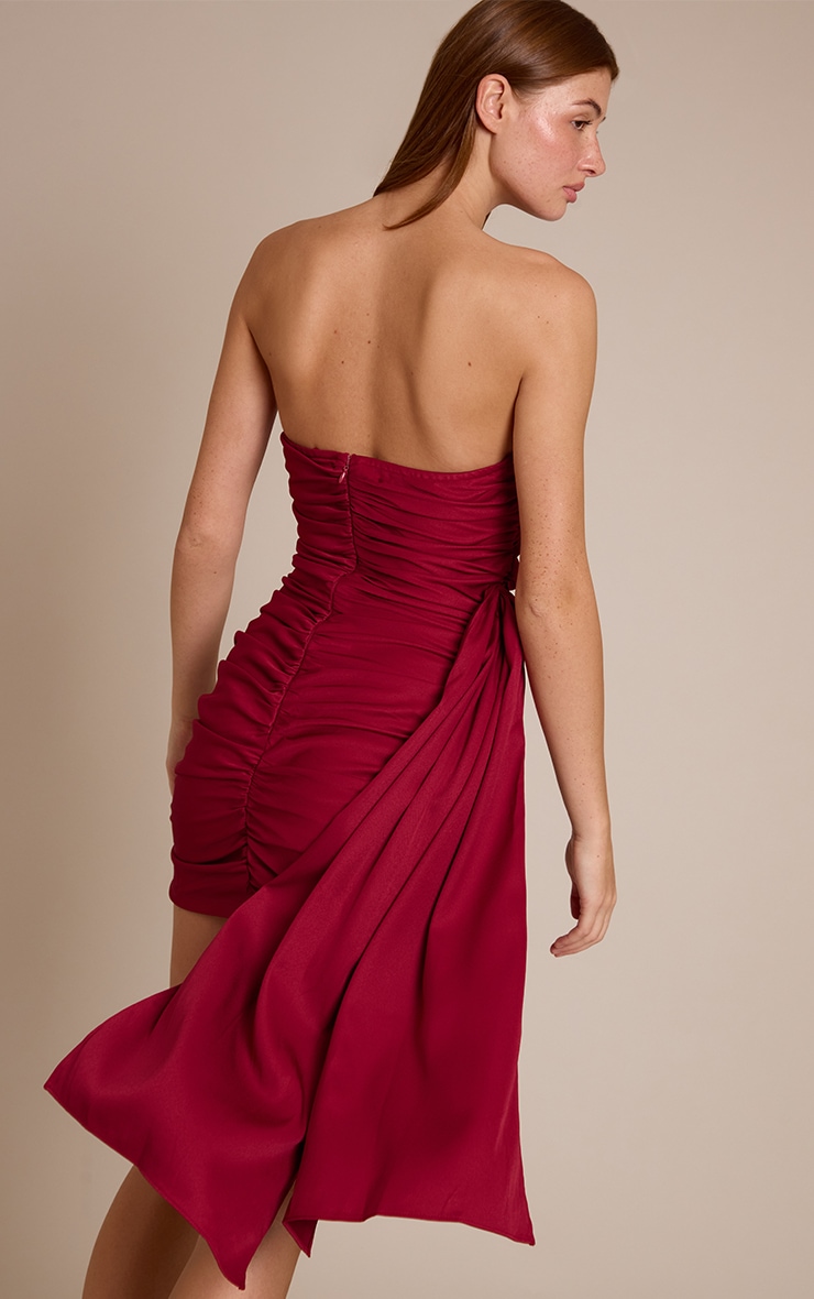 Burgundy Woven Bandeau Ruched Draped Mini dress image 2