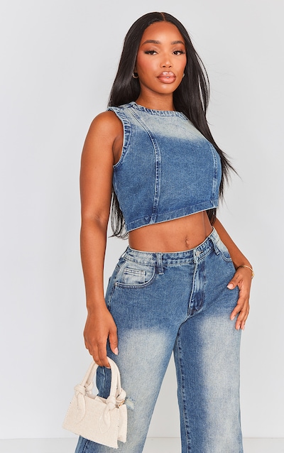 Shape Mid Blue Acid Wash Denim Washed Asymmetric Crop Top