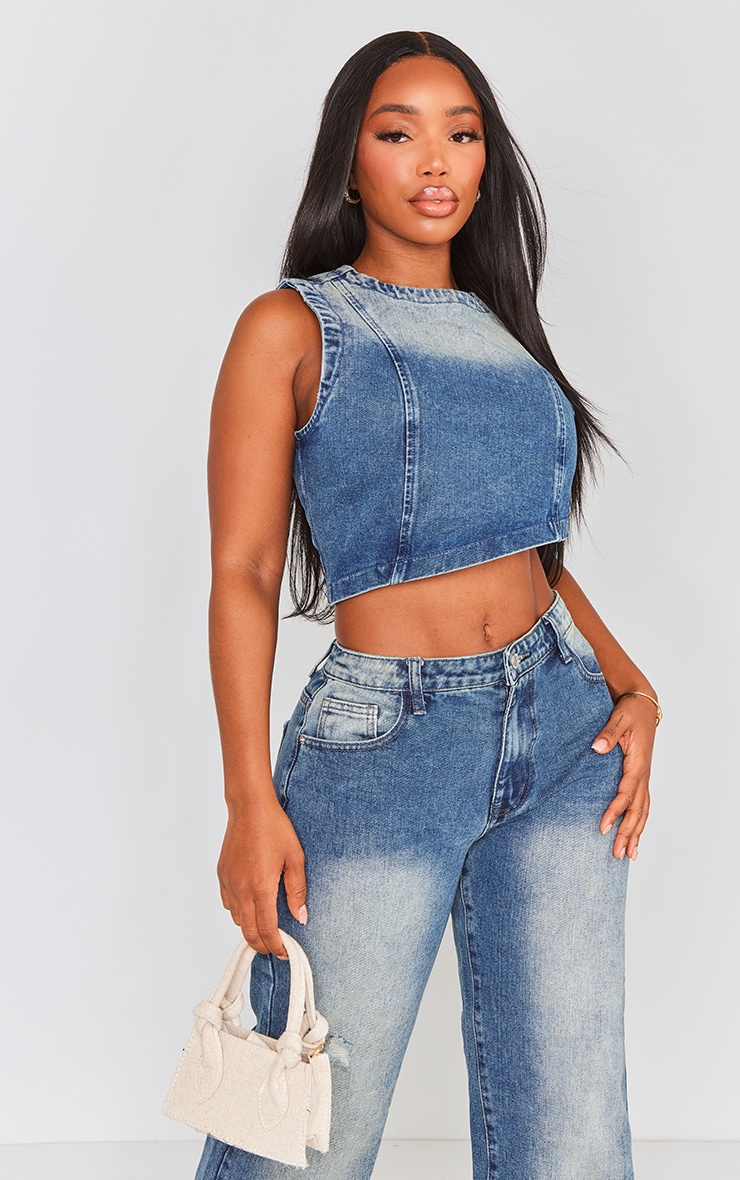 Shape Mid Blue Acid Wash Denim Asymmetric Crop Top | Shape ...